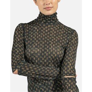 Nanushka Larson Turtleneck - Black & Brown Elbow Cutout Mesh Turtleneck Top